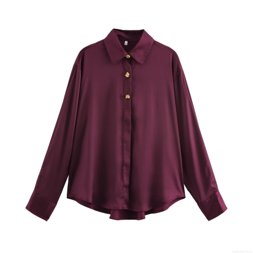 Elegant Satin Blouse For Women Long Sleeve Silk Like Button Down Shirt Urban Commuter Office Tops With Gold Metal Buttons