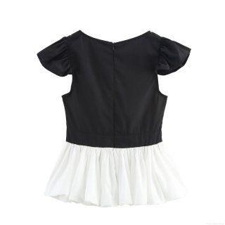 Women's Contrast Color Patchwork V-Neck Hollow Out Top Short Sleeve Ruffle Blouse Pleated Peplum Shirt Preppy Style Casual Daily wear