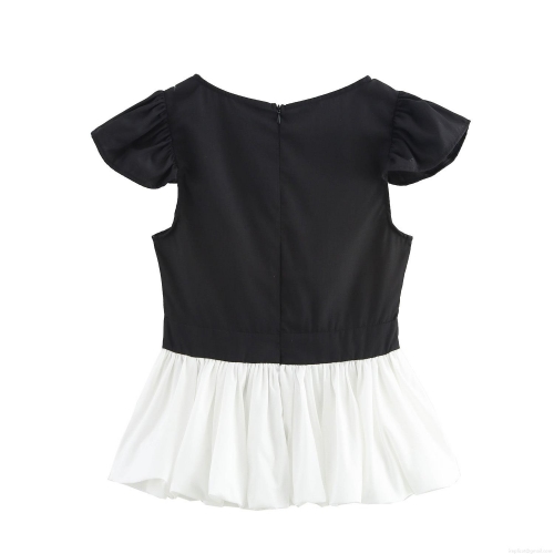 Women's Contrast Color Patchwork V-Neck Hollow Out Top Short Sleeve Ruffle Blouse Pleated Peplum Shirt Preppy Style Casual Daily wear