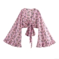 Women Bohemian Floral Crop Top Pink Flare Sleeve Blouse Tie Front V Neck Vacation Shirt Lightweight Polyester Summer Tops Sweet Flare Sleeve Short Blouse Chic Holiday Outfit