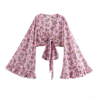 Women Bohemian Floral Crop Top Pink Flare Sleeve Blouse Tie Front V Neck Vacation Shirt Lightweight Polyester Summer Tops Sweet Flare Sleeve Short Blouse Chic Holiday Outfit