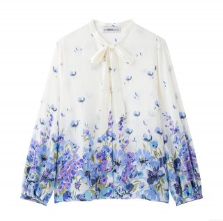 Women's Sweet Bow Tie Neck Floral Print Long Sleeve Shirt 100% Polyester Woven Blouse White Blue Gradient Pattern Casual Loose Fit Tops For Women