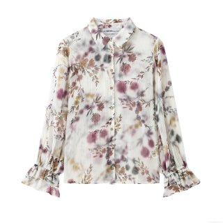 Women Floral Print Metallic Thread Chiffon Blouse Elegant Long Flared Sleeve Ruffle Cuff Button Down Shirt Lapel V Neck Office Casual Top