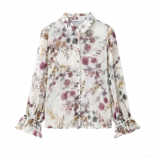 Women Floral Print Metallic Thread Chiffon Blouse Elegant Long Flared Sleeve Ruffle Cuff Button Down Shirt Lapel V Neck Office Casual Top