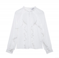 Women Elegant White Chiffon Blouse Long Sleeve Ruffle Stand Collar Lace Stitching Loose Fit Office Commuting Tops Casual Solid Shirt