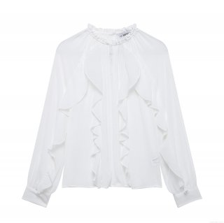 Women Elegant White Chiffon Blouse Long Sleeve Ruffle Stand Collar Lace Stitching Loose Fit Office Commuting Tops Casual Solid Shirt