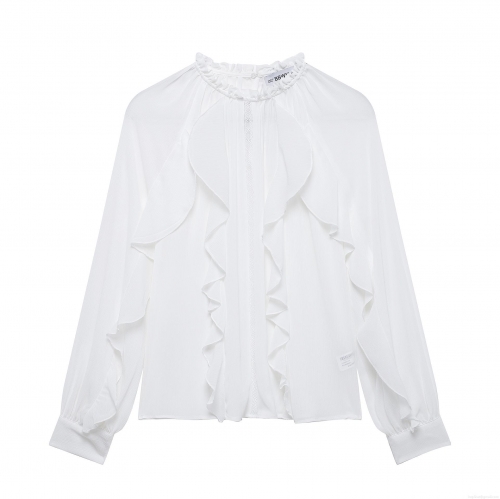 Women Elegant White Chiffon Blouse Long Sleeve Ruffle Stand Collar Lace Stitching Loose Fit Office Commuting Tops Casual Solid Shirt