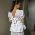 Sweet Women Summer Polyester Blouse Backless Lace Up Bow Short Puff Sleeve Ruffle Hem Square Neck Casual Shirt For Dating Women Clothing