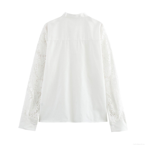 Women's Elegant White Lace Splicing Blouse Romantic Long Sleeve Stand Collar Shirt Soft Polyester Loose Casual Tops For Ladies Spring Autumn Fashion