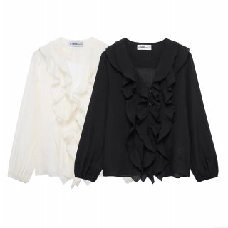 Women's Elegant V-Neck Ruffle Chiffon Blouse Long Lantern Sleeve Layered Decorated Solid Color Casual Sweet Tops For Lady Spring Autumn