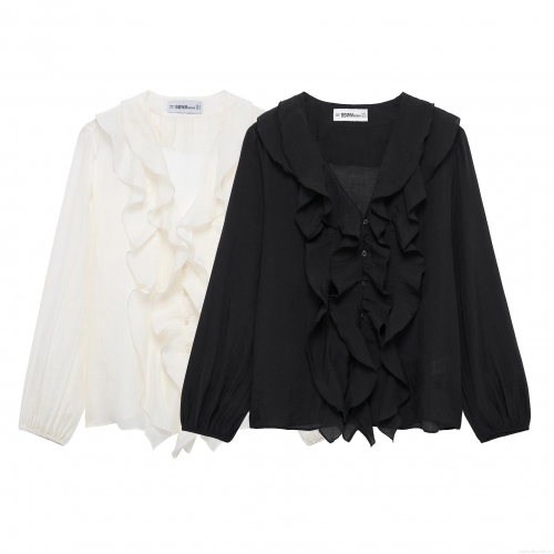 Women's Elegant V-Neck Ruffle Chiffon Blouse Long Lantern Sleeve Layered Decorated Solid Color Casual Sweet Tops For Lady Spring Autumn