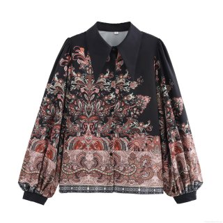 Women's Vintage Ethnic Paisley Printed Long Sleeve Shirt Casual Loose Polyester Lantern Sleeve Button Down Blouse For Fashion Vacation Office