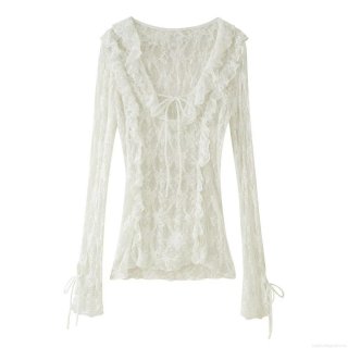 Sexy Lace V Neck Blouse Women Ruffle Bowknot Tie Front Long Sleeve Tops Elegant Sheer Polyester Flower Lace Shirt For Party Dating Summer