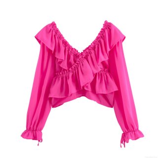 Women Sweet Ruffle V Neck Off Shoulder Chiffon Blouse Elegant Rose Red Long Sleeve Tie Cuff Short Shirt Top Female Summer Fashion Clothing