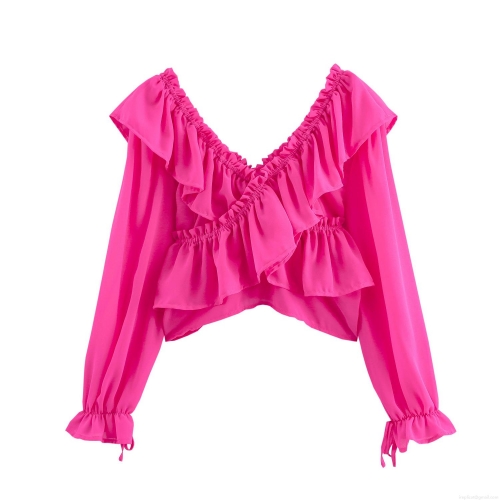 Women Sweet Ruffle V Neck Off Shoulder Chiffon Blouse Elegant Rose Red Long Sleeve Tie Cuff Short Shirt Top Female Summer Fashion Clothing