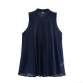 Women's Sleeveless Chiffon Blouse Elegant Pleated Lapel Shirt Solid Color Casual Office Commuter Top Summer Vest