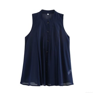 Women's Sleeveless Chiffon Blouse Elegant Pleated Lapel Shirt Solid Color Casual Office Commuter Top Summer Vest