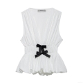 Women's Sleeveless V Neck Blouse 100% Polyester Textured Pleated Peplum Top With Black Bow Waist Cinching Cute Summer Sweet Shirt For Women Casual Daily