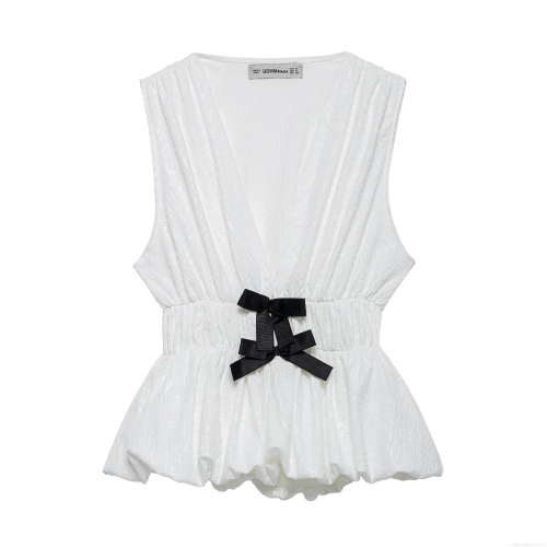 Women's Sleeveless V Neck Blouse 100% Polyester Textured Pleated Peplum Top With Black Bow Waist Cinching Cute Summer Sweet Shirt For Women Casual Daily
