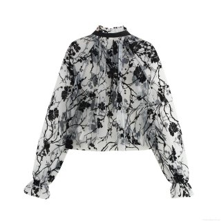 Women's Vintage Sheer Mesh Blouse Sexy Flocking Floral Lace-up Stand Collar Long Sleeve Ruffle Cuff Pullover Top Elegant Party Casual Shirt