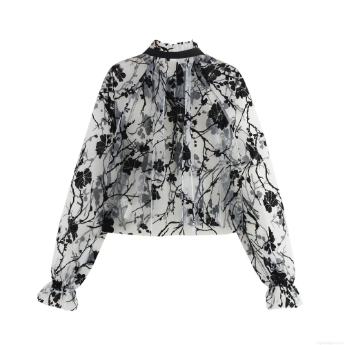 Women's Vintage Sheer Mesh Blouse Sexy Flocking Floral Lace-up Stand Collar Long Sleeve Ruffle Cuff Pullover Top Elegant Party Casual Shirt