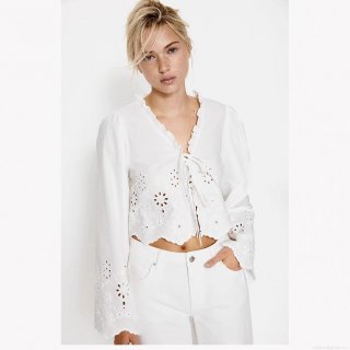 Women's V-Neck Eyelet Embroidery Blouse Ruffle Trim Tie-Front Long Sleeve Short Shirt Retro Boho Cotton Blend Tops For Women