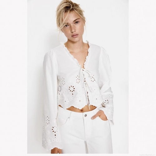 Women's V-Neck Eyelet Embroidery Blouse Ruffle Trim Tie-Front Long Sleeve Short Shirt Retro Boho Cotton Blend Tops For Women