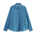 Women's Retro Geometric Print Long Sleeve Shirt Satin Texture Turn-down Collar Button Up Loose Blouse Elegant Commute Office Top For Women