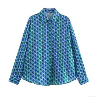 Women's Retro Geometric Print Long Sleeve Shirt Satin Texture Turn-down Collar Button Up Loose Blouse Elegant Commute Office Top For Women