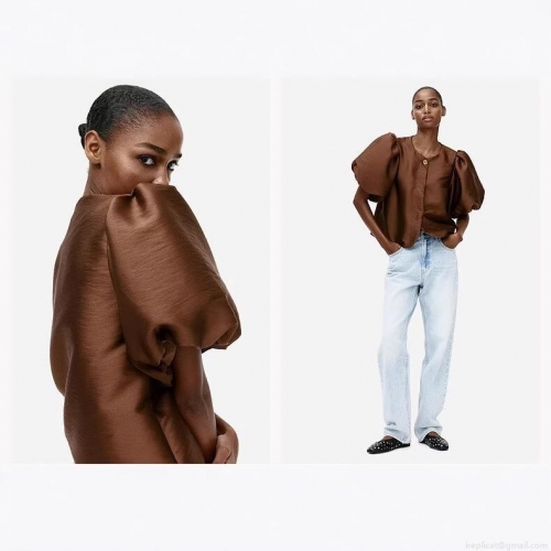 Elegant Women Satin Blouse Bubble Sleeve Round Neck Leopard Print Solid Color Loose Top Casual Ladies Office Party Fashion Shirt