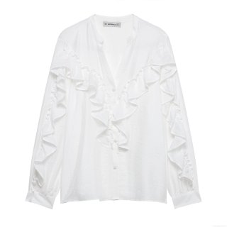 Women Elegant V Neck Ruffle Blouse Solid Color Long Sleeve Polyester Shirt Sweet Wood Ear Trim Office Commuter Top Blouse For Women