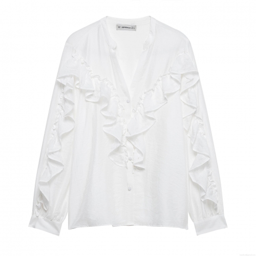 Women Elegant V Neck Ruffle Blouse Solid Color Long Sleeve Polyester Shirt Sweet Wood Ear Trim Office Commuter Top Blouse For Women