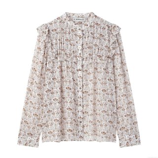 Women's Elegant Floral Chiffon Blouse Ruffle Trim Stand Collar Long Sleeve Shirt Vintage Office Daily Casual Sheer Texture Tops With Wood Buttons