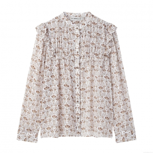 Women's Elegant Floral Chiffon Blouse Ruffle Trim Stand Collar Long Sleeve Shirt Vintage Office Daily Casual Sheer Texture Tops With Wood Buttons