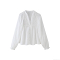 Women's V-Neck Long Sleeve Blouse White Embroidered Loose Fit Shirt With Ruffle Cuffs French Style Casual Breathable Lightweight Polyester Top For Daily Wear Vacation Ladies Fashion Clothing