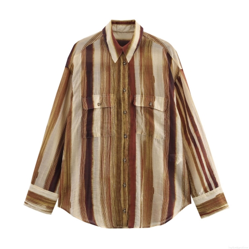 Women's Casual Loose Stripe Blouse Long Sleeve Button Down Shirt Lightweight Polyester Tops Commuter European Style Streetwear for Spring Summer Autumn