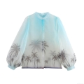 Women's Vacation Beach Organza Blouse Gradient Palm Tree Print Sheer Lantern Sleeve Button Up Shirt Top