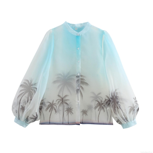 Women's Vacation Beach Organza Blouse Gradient Palm Tree Print Sheer Lantern Sleeve Button Up Shirt Top