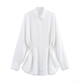 Women's Loose Linen Blend Long Sleeve Shirt Casual Breathable Adjustable Drawstring Waist Button Down Blouse Top for Daily Wear