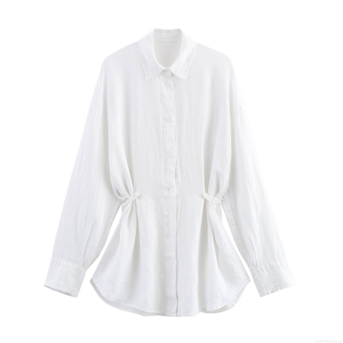 Women's Loose Linen Blend Long Sleeve Shirt Casual Breathable Adjustable Drawstring Waist Button Down Blouse Top for Daily Wear