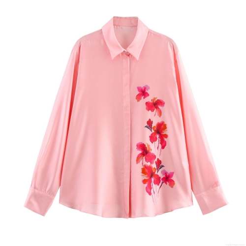 Women's Elegant Floral Printed Satin Blouse Long Sleeve Button Down Shirt Turn-down Collar Loose Fit Silk Like Tops For Ladies Office Work Party