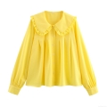 Women's Sweet Peter Pan Collar Ruffle Blouse Solid Color Long Sleeve Button Down Loose Polyester Shirt Spring Autumn Fashion Tops