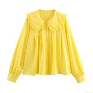 Women's Sweet Peter Pan Collar Ruffle Blouse Solid Color Long Sleeve Button Down Loose Polyester Shirt Spring Autumn Fashion Tops