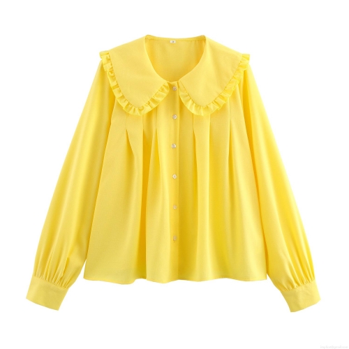 Women's Sweet Peter Pan Collar Ruffle Blouse Solid Color Long Sleeve Button Down Loose Polyester Shirt Spring Autumn Fashion Tops