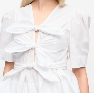 Women's Preppy Style V-Neck Puff Sleeve Peplum Blouse With Bow Tie Decoration Solid Color Polyester Short Sleeve Top For Ladies