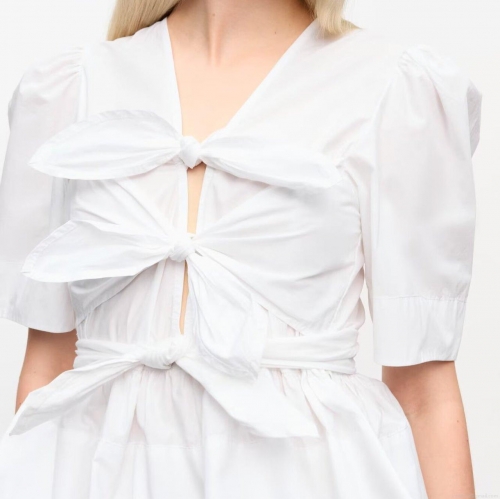 Women's Preppy Style V-Neck Puff Sleeve Peplum Blouse With Bow Tie Decoration Solid Color Polyester Short Sleeve Top For Ladies