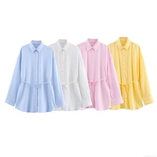 Women's Casual Linen Blend Long Sleeve Shirt Loose Fit Lapel Button Up Blouse With Drawstring Waist Solid Color Fashion Top