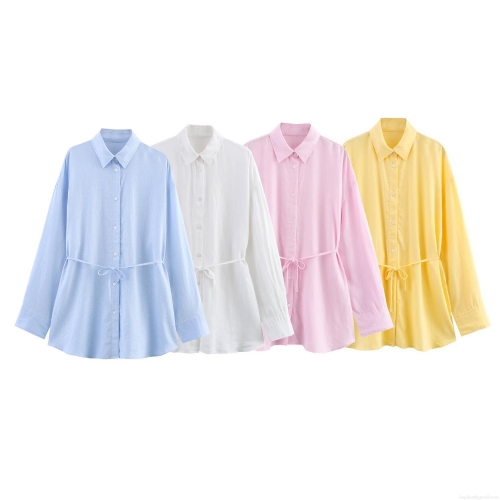 Women's Casual Linen Blend Long Sleeve Shirt Loose Fit Lapel Button Up Blouse With Drawstring Waist Solid Color Fashion Top