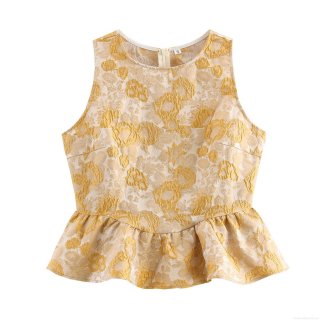 Elegant Floral Jacquard Peplum Top Women Sleeveless Round Neck Ruffle Hem Blouse With Hidden Back Zipper Classic Western Style Summer Party Shirt