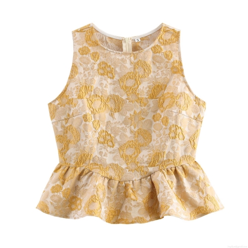 Elegant Floral Jacquard Peplum Top Women Sleeveless Round Neck Ruffle Hem Blouse With Hidden Back Zipper Classic Western Style Summer Party Shirt